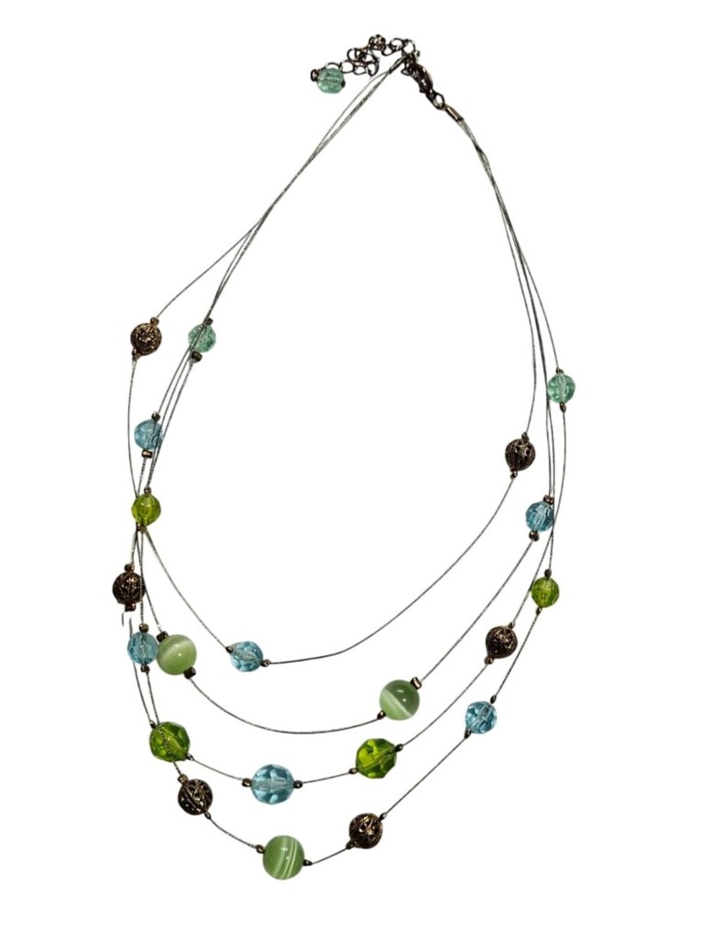 Silvertone Wire Beaded Necklace Green Cat's Eye Blue Plastic Goldtone Filigree